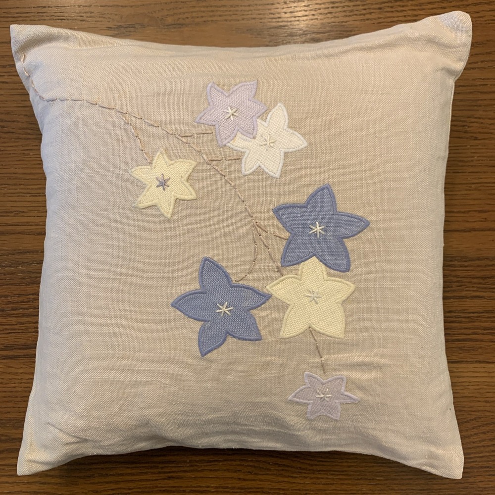 Pottery Barn Throw Pillow Floral Embroidery 100% Linen Down Feather Filled 12x12